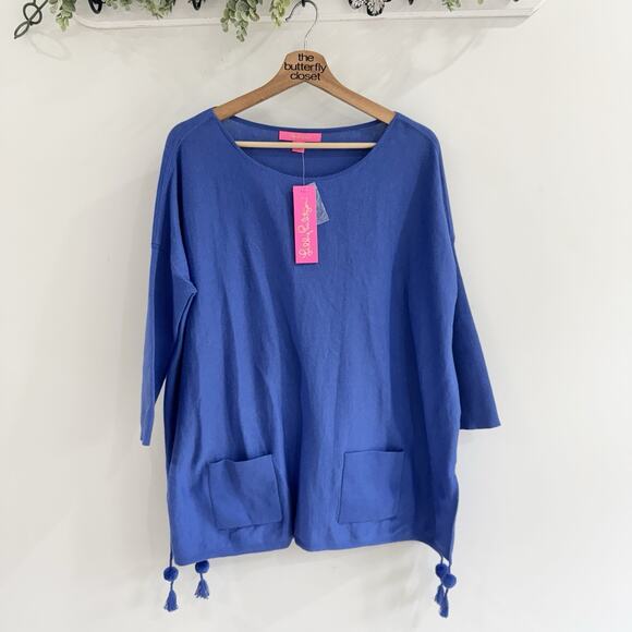 New Lilly Pulitzer Elba Sweater Blue Tassels Oversized Small CP - Picture 1 of 5